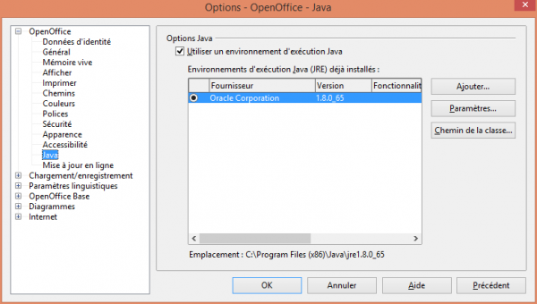 Écran de configuration Java dans les Options d'OpenOffice